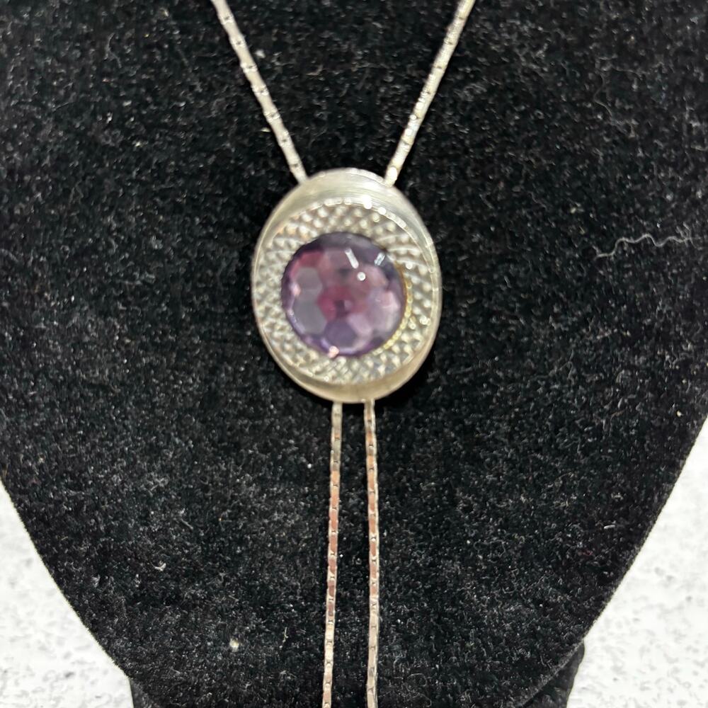Vintage lariat Bolo style necklace silver chain purple stone pendant adjustable